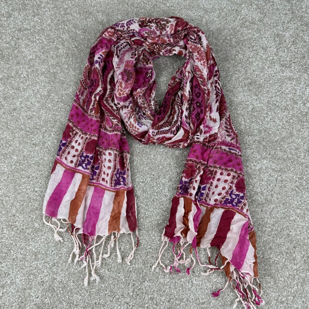 Boho Paisley Lightweight Scarf Pink Magenta Tassel Fringe Cotton Blend Oversized